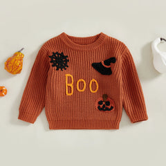 Toddler Unisex Pumpkin & Witch Hat Embroidery Halloween Knit Sweater