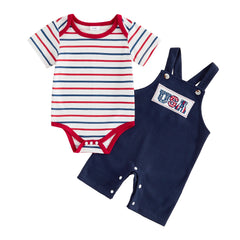 Baby Boys 4th of July Outfit Striped Romper with Flag Embroidery Overalls