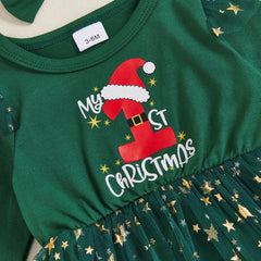 Baby Girls Christmas Romper Dress with Letter Print, Star Mesh Sleeves & Matching Headband Set