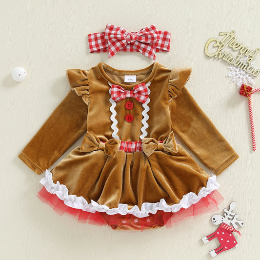 Baby Girl Christmas Gingerbread Romper Dress & Bow Set