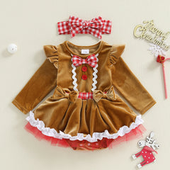 Baby Girl Christmas Gingerbread Romper Dress & Bow Set