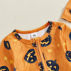 Newborn Baby Boy Pumpkin Print Halloween Romper & Hat Set