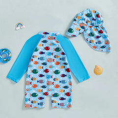 Baby Boy UV Swim Set – Fish Print Rash Guard with Half Zipper & Sunhat