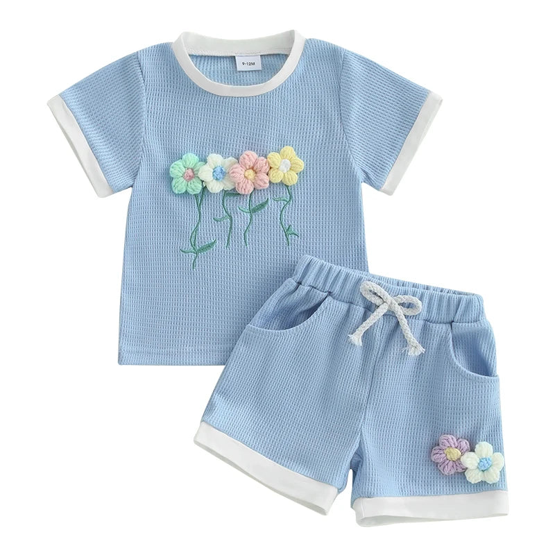 Toddler Girl Waffle Set with 3D Flower Top & Stretchy Shorts