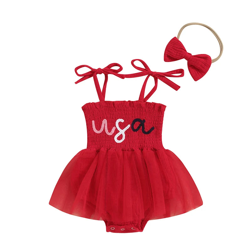 Baby Girl 4th of July Letter Print Romper Dress and Headband Set