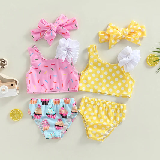 0-3Years Kid Girls 2pcs Swimsuit Sleeveless Dot / Cup Cake Print Tops Summer Beach Shorts