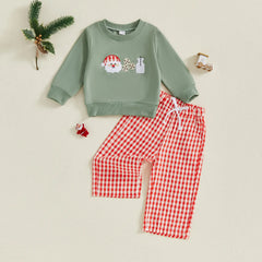 Toddler Baby Unisex Santa Sweatshirt & Plaid Pants Christmas Outfit