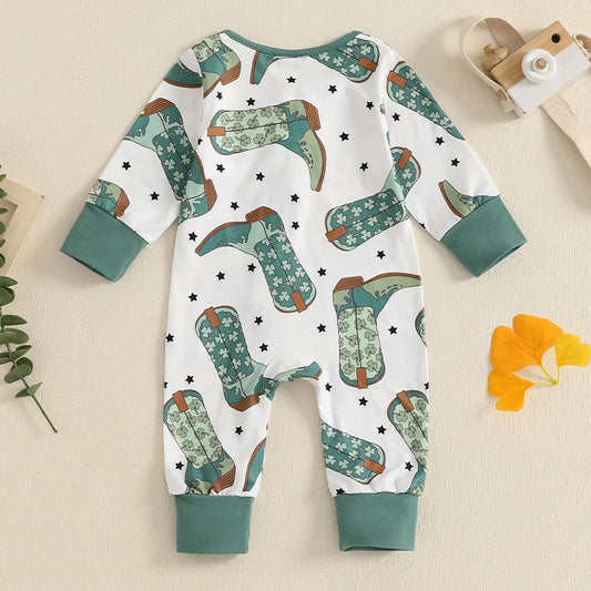 Baby Boy  Long Sleeve, Crew Neck, Boots Print, Zippered Romper