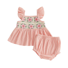 Baby Girl Summer Crochet Flower Tops + Shorts Set
