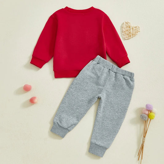 Toddler Boy Valentine’s Set Embroidered Sweatshirt with Heart-Print Pants