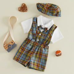 Baby Boys Plaid Overall Shorts and Hat Outfit