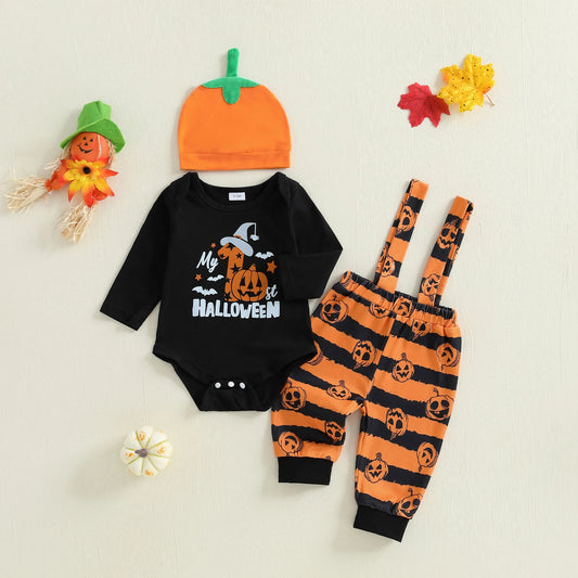Newborn Baby Boy Pumpkin Romper, Pants & Beanie  Halloween Outfit