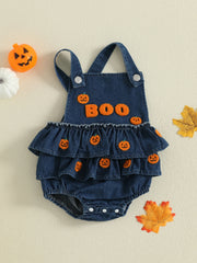 Baby Girl Pumpkin & Ghost Embroidery Halloween Denim Romper
