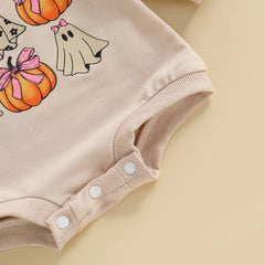 Newborn Girl Long Sleeve Ghost & Pumpkin Print with Bow Halloween Onesie