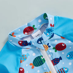Baby Boy UV Swim Set – Fish Print Rash Guard with Half Zipper & Sunhat