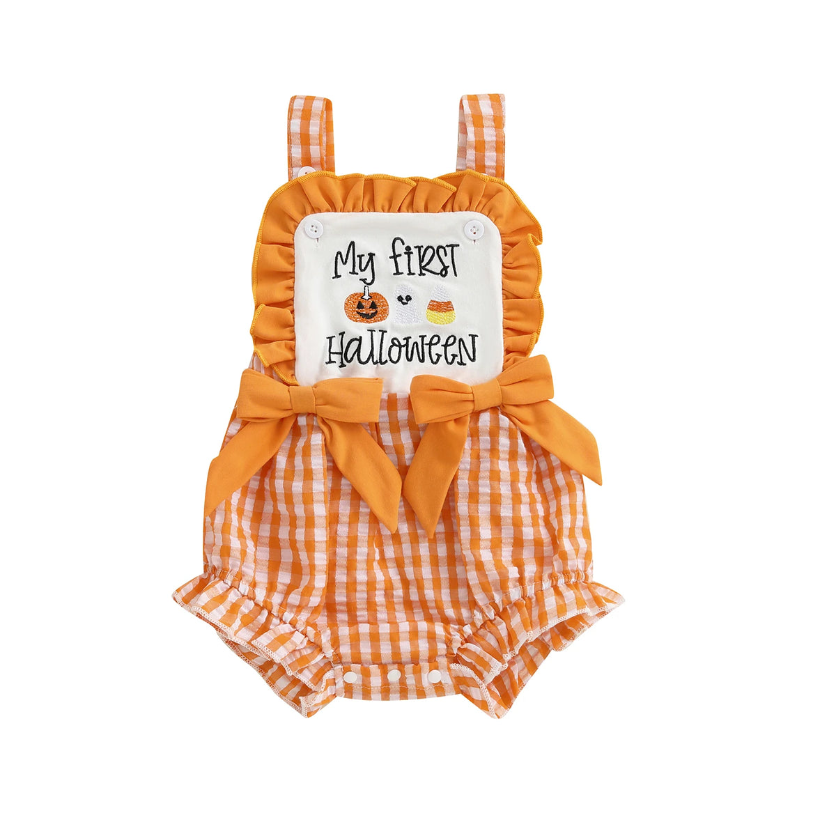 Baby Boy Halloween Pumpkin & Ghost Embroidery Plaid Romper