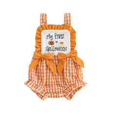 Baby Boy Halloween Pumpkin & Ghost Embroidery Plaid Romper