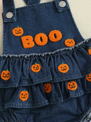 Baby Girl Pumpkin & Ghost Embroidery Halloween Denim Romper