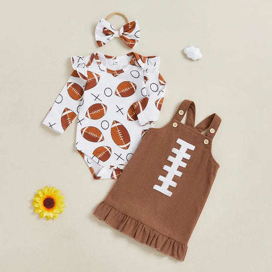 Baby Girl Long Sleeve Romper, Ruffled Overall Dress & Bow Headband Outfit