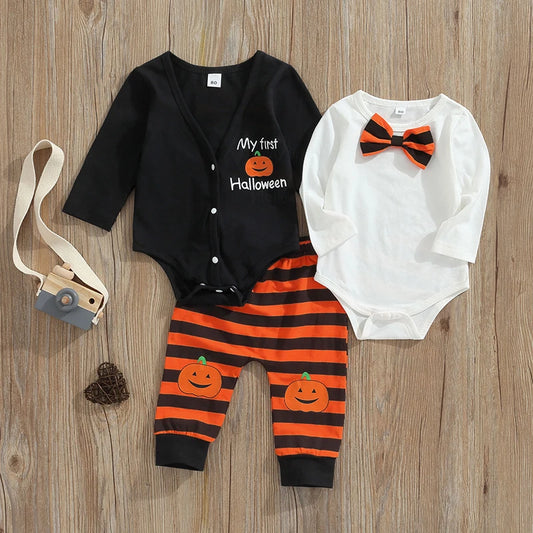 0–12M Baby Boy Long Sleeve Onesie + Striped Pants Halloween Outfit