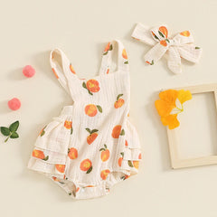 Baby Girls Peach Print Sleeveless Ruffled Jumpsuit with Bow Headband