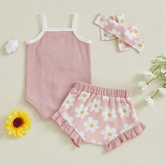 Baby Girl Embroidered Romper, Ruffle Shorts & Headband Set