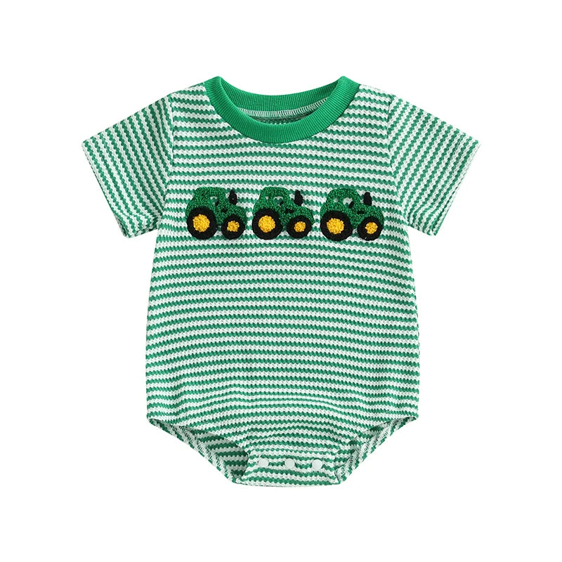 Baby Boys Waffle Truck Embroidery Stripe Short Sleeve Onesie