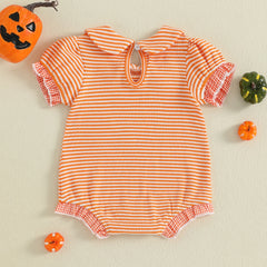 Baby Girl Short Sleeve, Doll Collar & Striped Print Halloween Romper