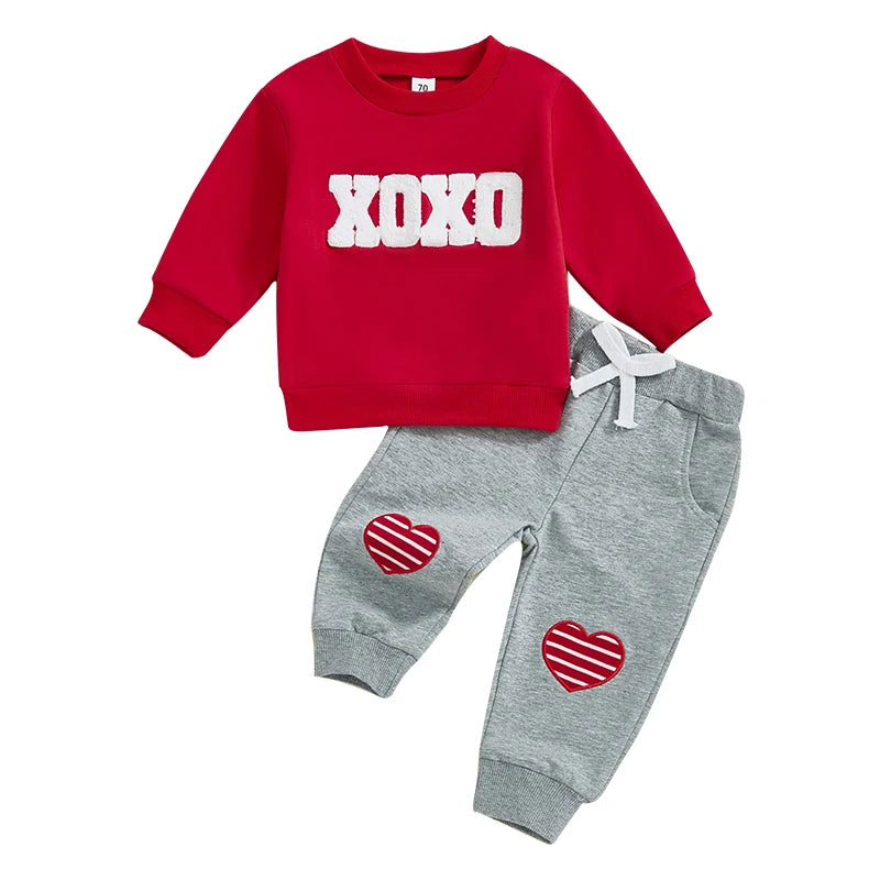 Toddler Boy Valentine’s Set Embroidered Sweatshirt with Heart-Print Pants