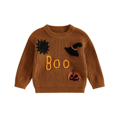 Toddler Unisex Pumpkin & Witch Hat Embroidery Halloween Knit Sweater