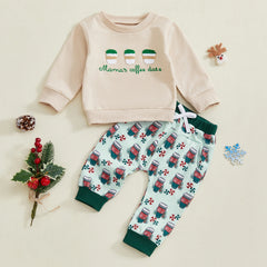 Toddler Baby Boy Coffee Print Sweatshirt & Pants Christmas Outfit