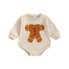 Unisex Baby Long Sleeve Gingerbread Man Embroidery Christmas Romper