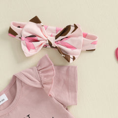 Baby Girl Letter Print Romper, Bow Shorts & Headband Summer Outfit