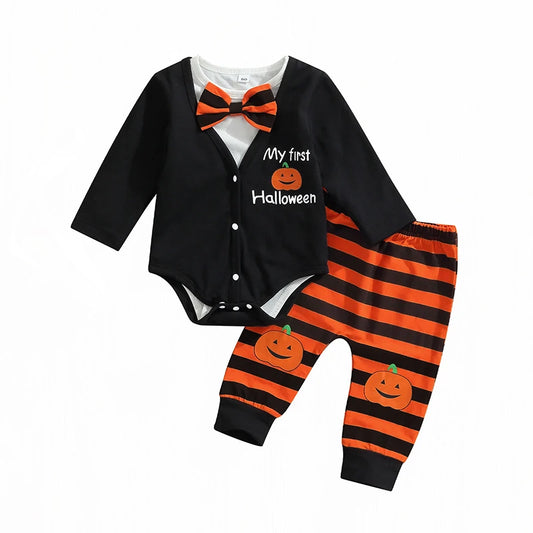 0–12M Baby Boy Long Sleeve Onesie + Striped Pants Halloween Outfit