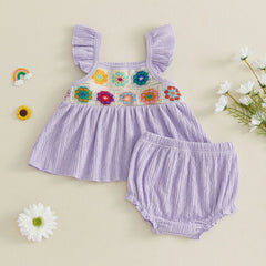 Baby Girl Summer Crochet Flower Tops + Shorts Set