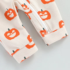 0–24M Baby Long Sleeve, Zipper, Fall/Halloween Pumpkin Romper
