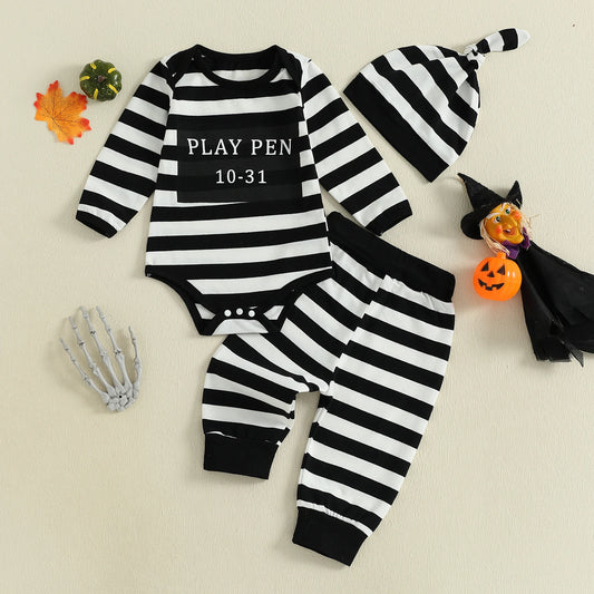 Baby Boys  Letter Print Romper, Striped Pants & Cap Halloween Outfit
