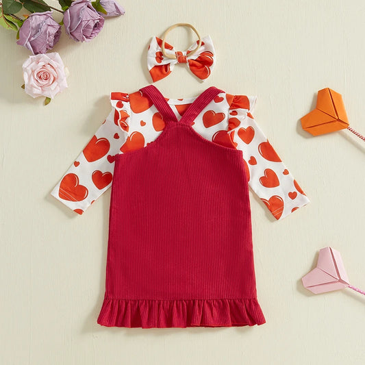 0-18M Baby Girl Ruffle Romper, Corduroy Dress, and Bow Headband