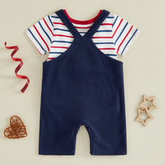 Baby Boys 4th of July Outfit Striped Romper with Flag Embroidery Overalls