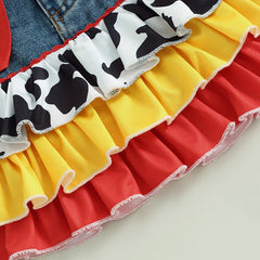 Baby Girls Plaid Print Cow Pattern Ruffles Patchwork Denim Skirt Outfit