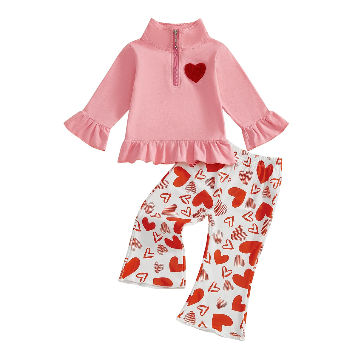 Toddler girl Valentine’s 2-piece heart embroidery outfit