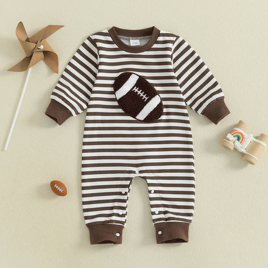 Baby Boys Long Sleeve Fall Embroidered Football Stripe Romper