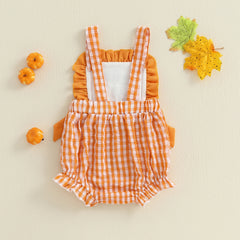 Baby Boy Halloween Pumpkin & Ghost Embroidery Plaid Romper