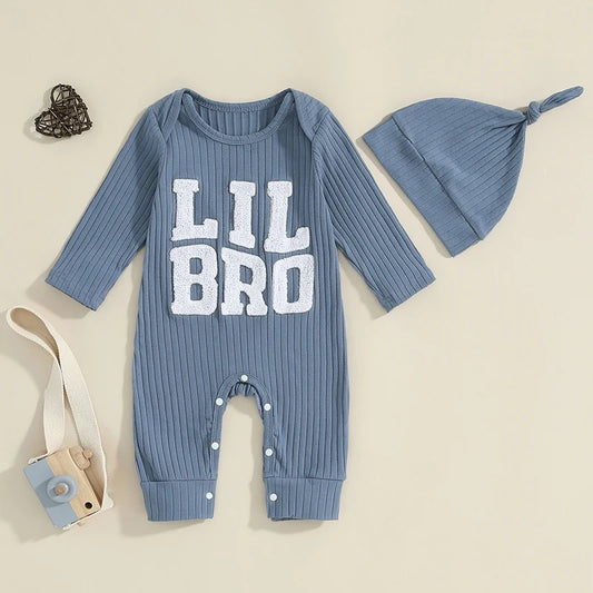 Newborn Baby Boy "Lil Bro" Ribbed Romper & Hat Set