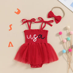 Baby Girl 4th of July Letter Print Romper Dress and Headband Set
