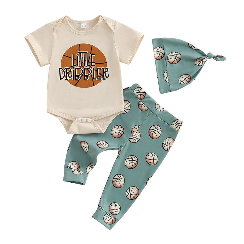 Baby Boy Letter Onesie, Basketball Pants & Hat Set