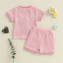 Sister Matching Floral Letter Top & Striped Shorts Outfit Set