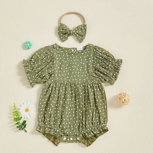 Baby Girl Solid Color Short Sleeve Onesie with Headband