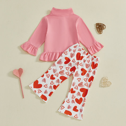 Toddler girl Valentine’s 2-piece heart embroidery outfit