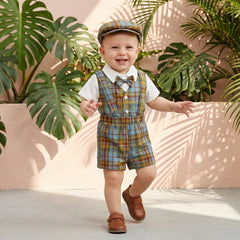 Baby Boys Plaid Overall Shorts and Hat Outfit